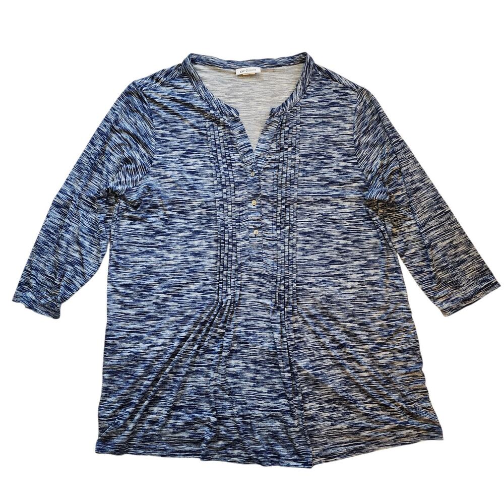 CW Classics Womens Top Size 1X Blue Space Dye 3/4 Sleeve Pintuck Pleated Stretch